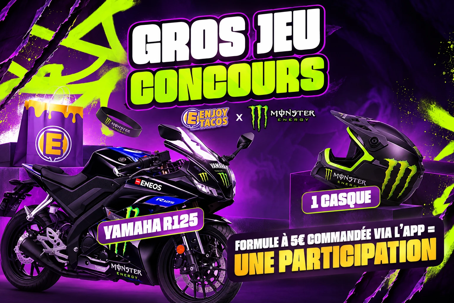 Gros jeu concours Enjoy Tacos x Monster Energy : une Yamaha R125 à gagner